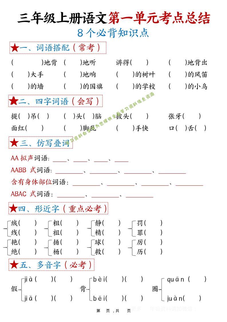三年级上语文1-8单元考点总结（8个必背知识点） - - 