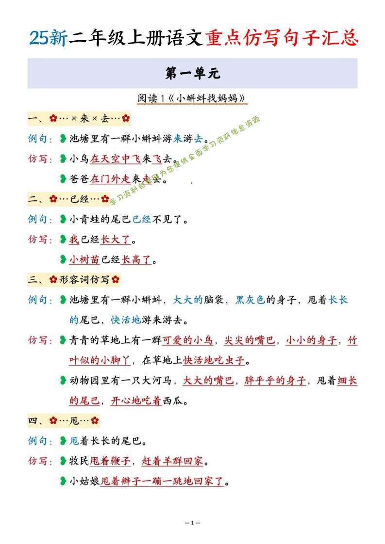 25新二年级上语文重点仿写句子汇总 - - 