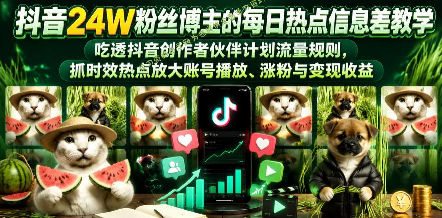 抖音24W粉丝博主的每日热点信息差教学，吃透创作者伙伴计划流量规则，抓时效热点放大账号播放、涨粉与变现收益 - - 
