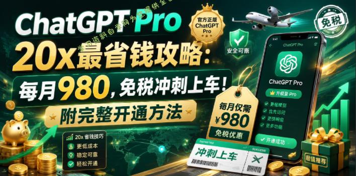 ChatGPT Pro 20x最省钱攻略:每月980,免税冲刺上车!附完整开通方法【文档】