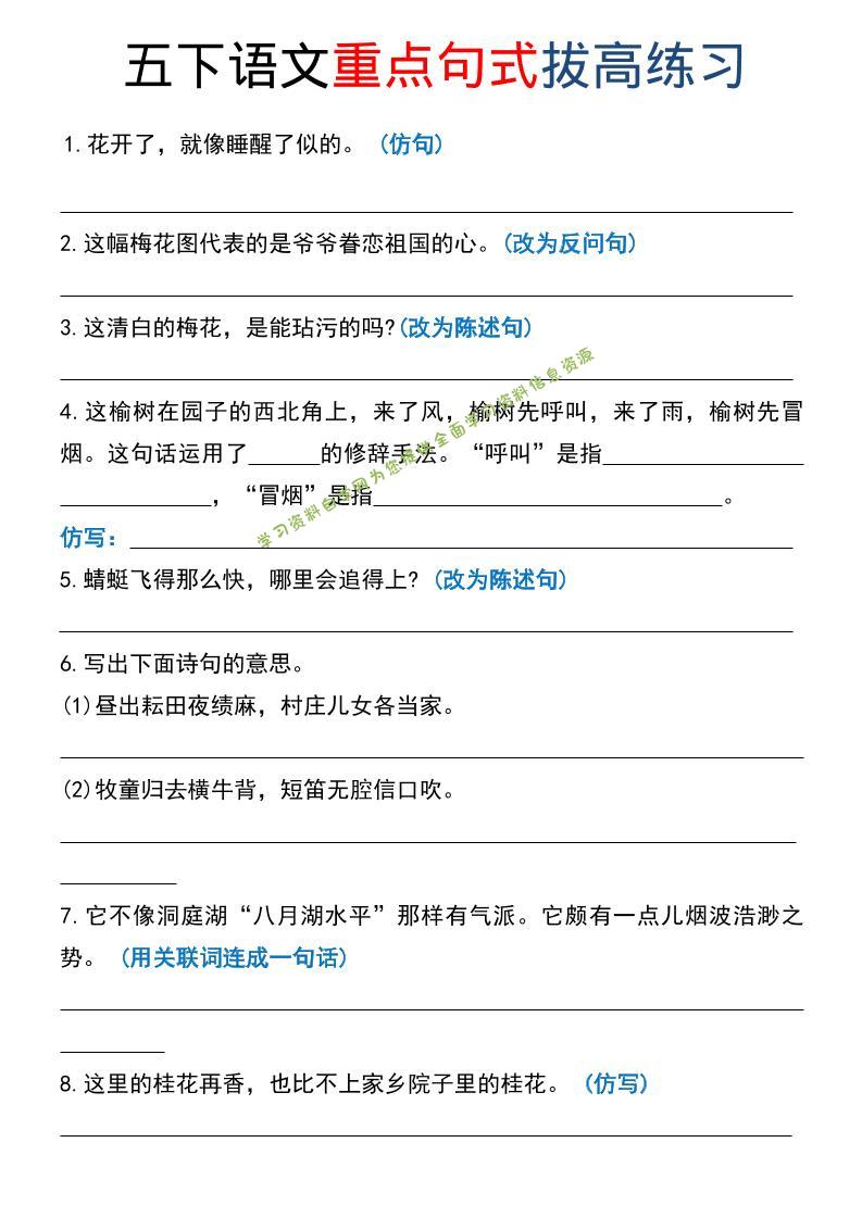 五年级下语文《重点句式》拔高练习 - - 