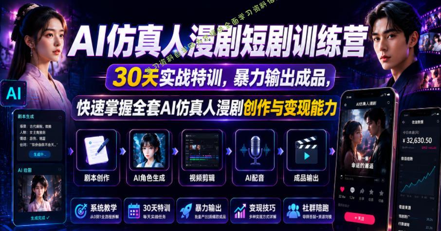 AI仿真人漫剧短剧训练营，30天实战特训，暴力输出成品，快速掌握全套AI仿真人漫剧创作与变现能力 - 
