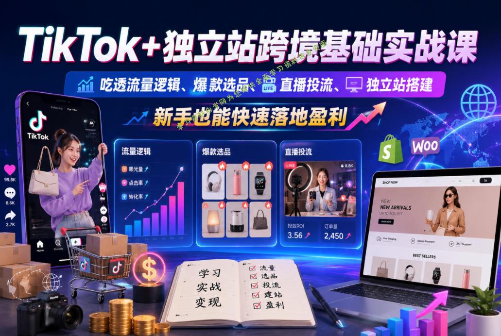 TikTok+独立站跨境基础实战课，吃透流量逻辑、爆款选品、直播投流与独立站搭建，新手也能快速落地盈利 - 