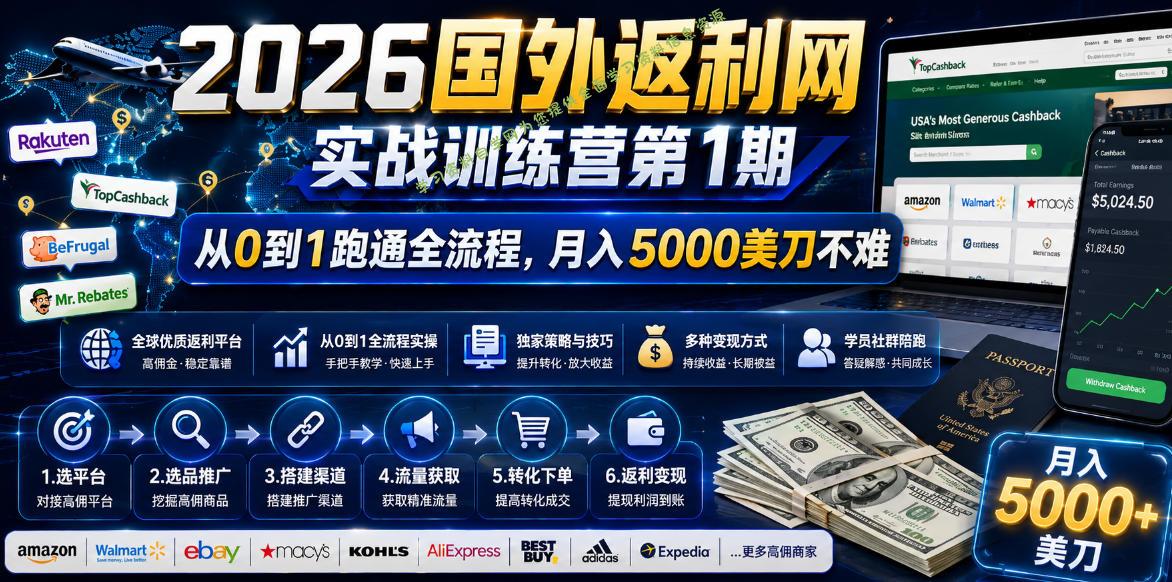 2026国外返利网实战变现营-第一期，从零拆解项目逻辑与流程，跑通完整变现链路，月入5000美金 - 