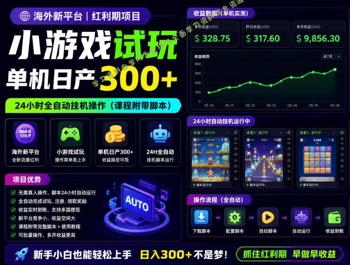 海外新平台，小游戏试玩，单机日产300+，24小时全自动挂G操作(课程附带脚本)【揭秘】 - - 