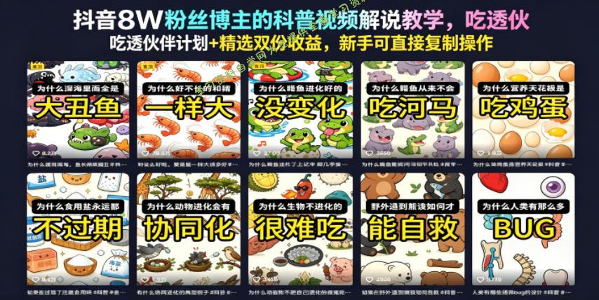 抖音8W粉丝博主的科普视频解说教学，吃透伙伴计划+精选双份收益，新手可直接复制操作 - - 