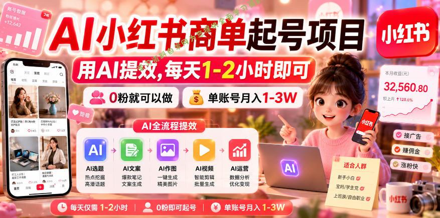 AI小红书商单起号项目，用AI提效,每天1-2小时即可，0粉就可以做，单账号月入1-3W - 