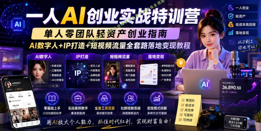 一人AI创业实战特训营，单人零团队轻资产创业指南，AI数字人+IP打造+短视频流量全套路落地变现教程 - 