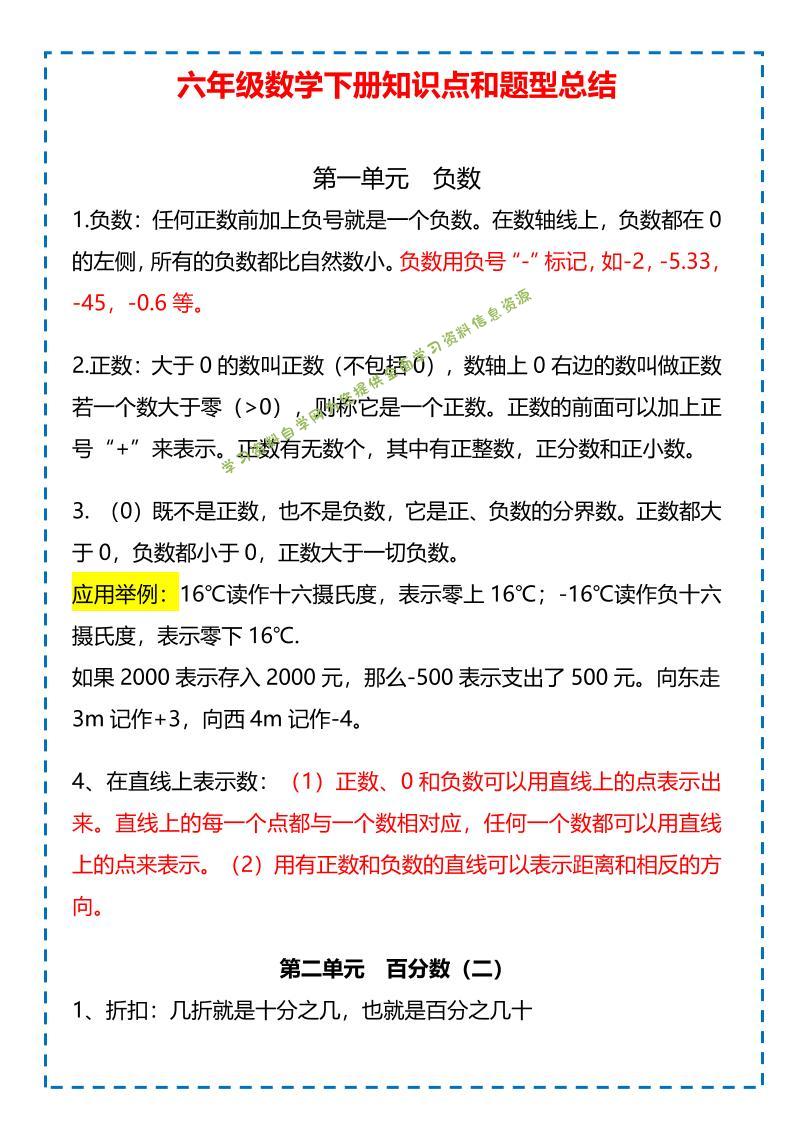 六年级下数学下册知识点题型总结 - 