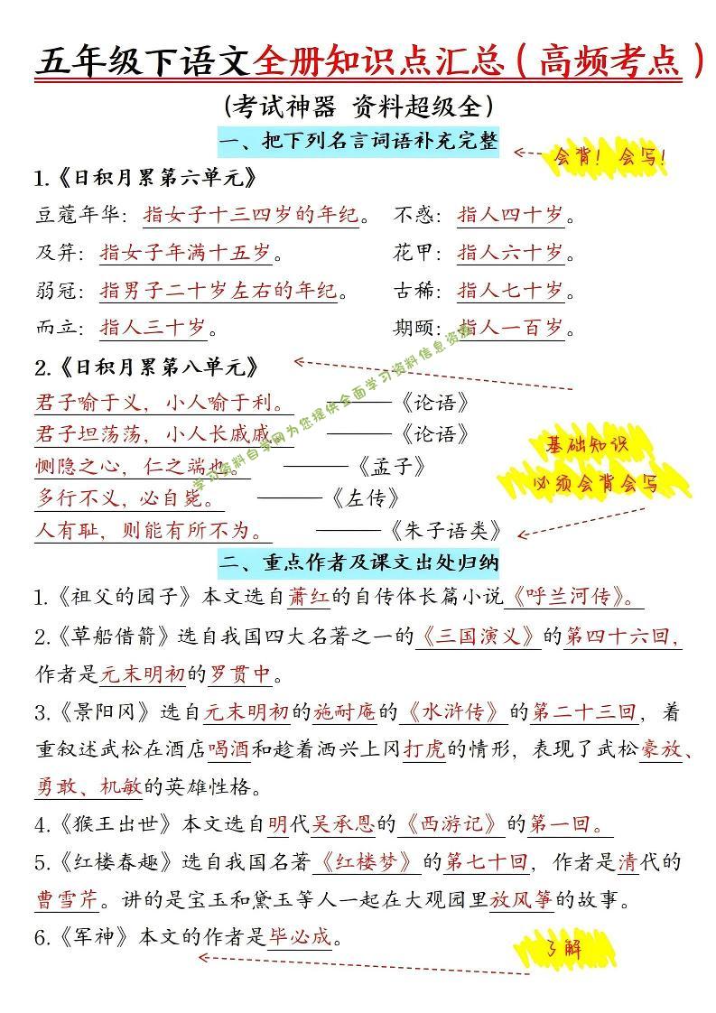 五年级下语文期末全册知识点汇总高频考点 - - 