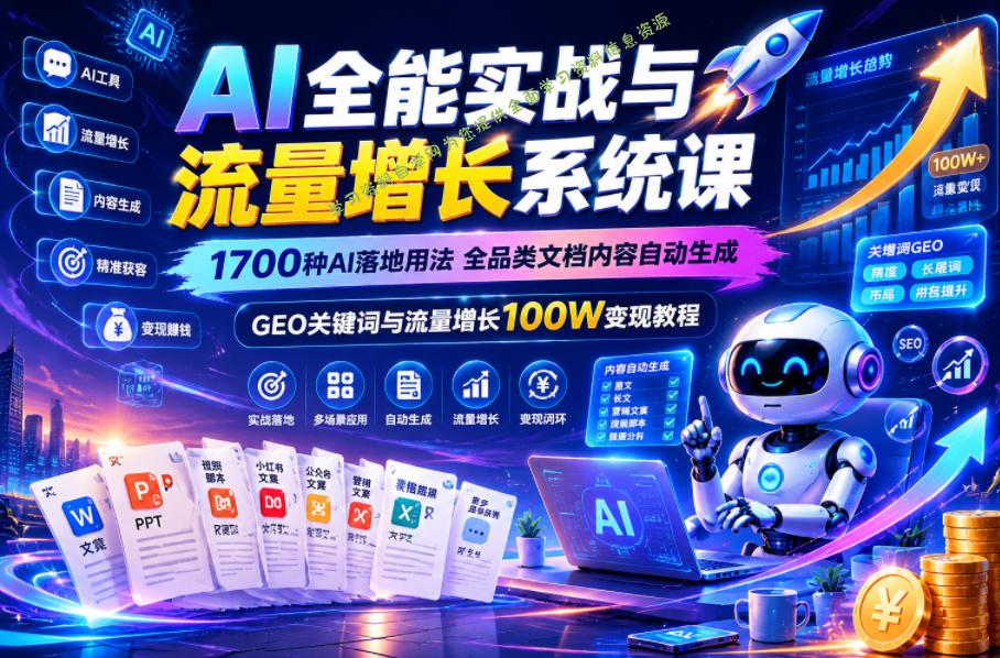AI全能实战与流量增长系统课，1700种AI落地用法，全品类文档内容自动生成，GEO关键词与流量增长100W变现教程 - 