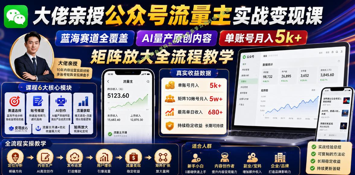 大佬亲授公众号流量主实战变现课，蓝海赛道全覆盖，AI量产原创内容，单账号月入5k+矩阵放大全流程教学 - 