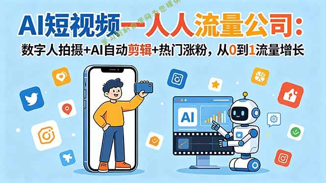 AI短视频一人流量公司：数字人拍摄+AI自动剪辑+热门涨粉，从0到1流量增长 - 