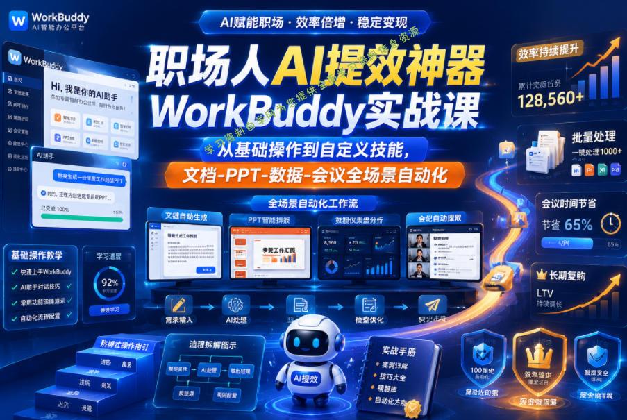 职场人AI提效神器WorkBuddy实战课，从基础操作到自定义技能，文档-PPT-数据-会议全场景自动化 - 
