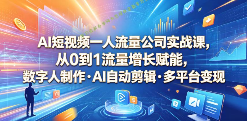 AI短视频一人流量公司实战课，从0到1流量增长赋能，数字人制作・AI自动剪辑・多平台变现，一人做流量生意全落地教程 - 