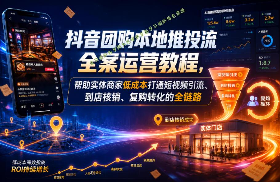 抖音团购本地推投流全案运营教程，帮助实体商家低成本打通短视频引流、到店核销、复购转化的全链路 - 