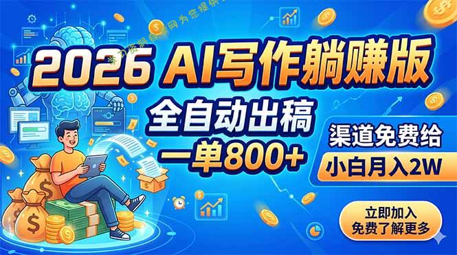 2026 AI写作躺赚版：全自动出稿，一单800+，渠道免费给，小白月入2W - - 